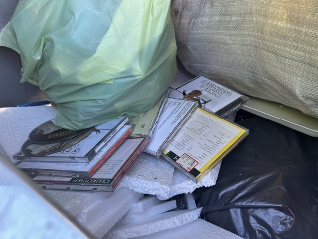 A pochi passi dal centro, una collezione di CD musicali abbandonata nei bidoni della plastica